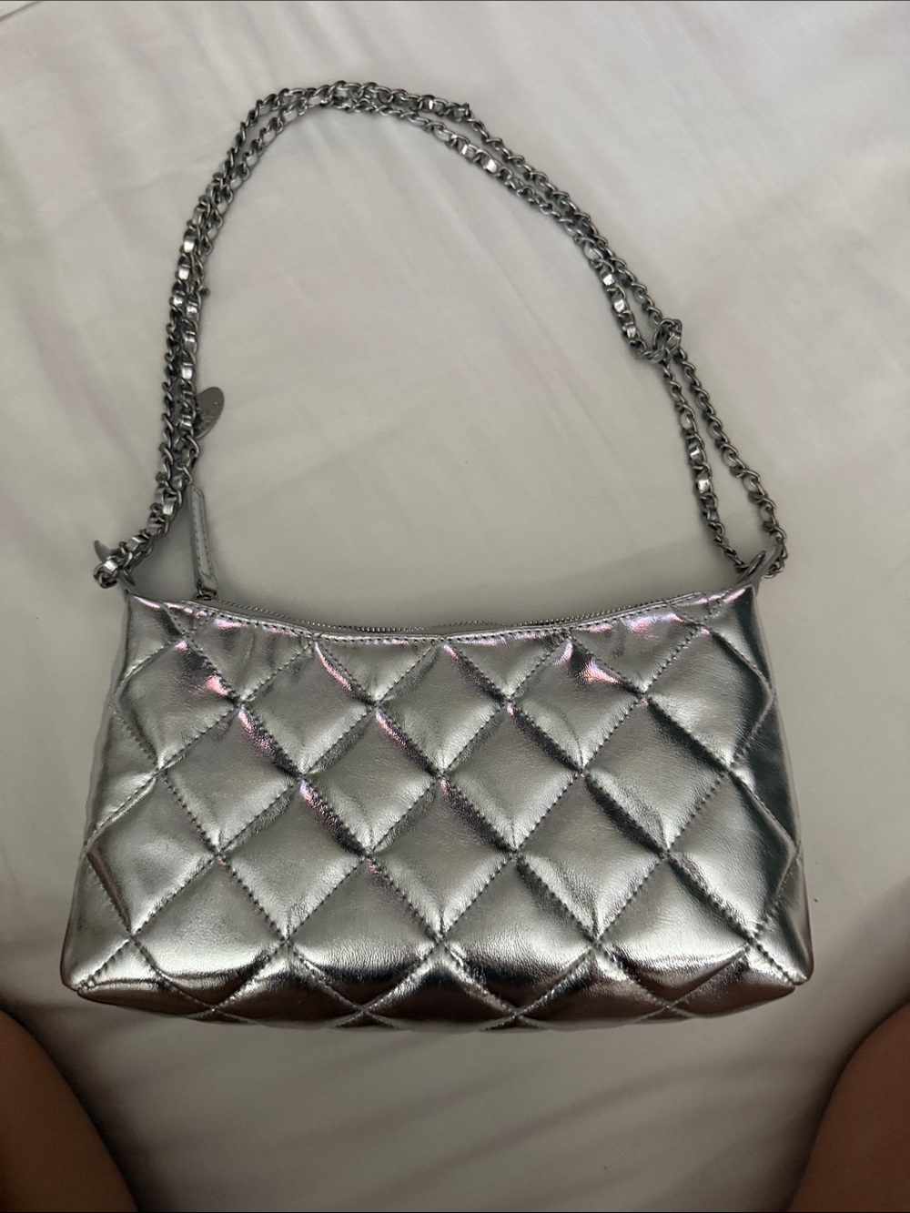 Silver Quilted Chain Crossbody Bag - Luxury Logo Accent - Picture 7 of 7